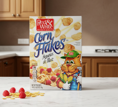 Box of Red & White Corn Flakes with a cartoon cat character on a white background