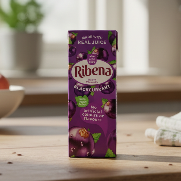Ribena blackcurrant juice box on a white background