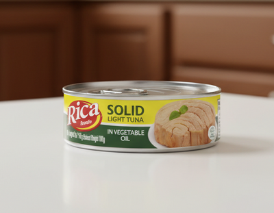 Can of Rica Rondo solid light tuna in vegetable oil on a white background