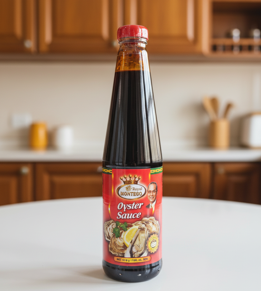 Bottle of Royal Montego Oyster Sauce on a white background