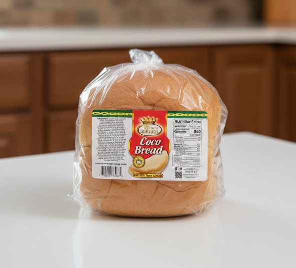Packaged loaf of Coco Bread with Montezuma branding on a white background