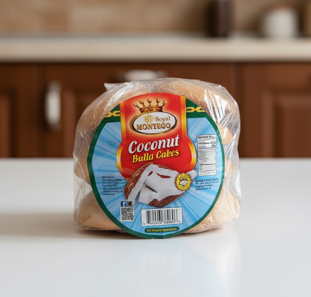 Packaged Royal Montego Coconut Bulla Cakes with visible branding on a white background