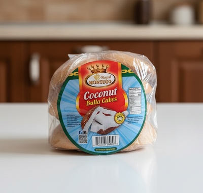Packaged Royal Montego Coconut Bulla Cakes with visible branding on a white background