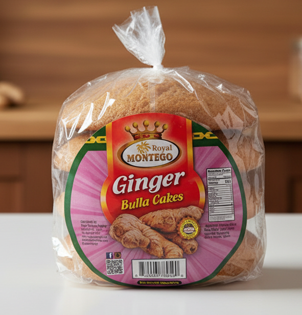 Packaged ginger bulla cakes with Royal Montego branding on a white background