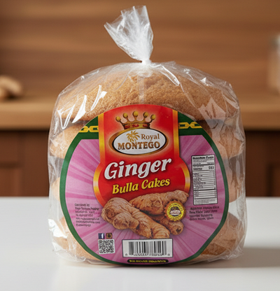 Packaged ginger bulla cakes with Royal Montego branding on a white background