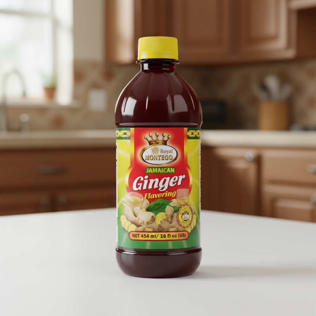 Bottle of Royal Montego Jamaican Ginger Flavoring on a white background