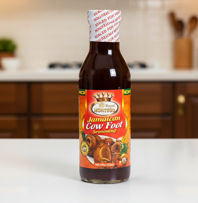 Bottle of Royal Montego Jamaican Cow Foot Seasoning on a white background