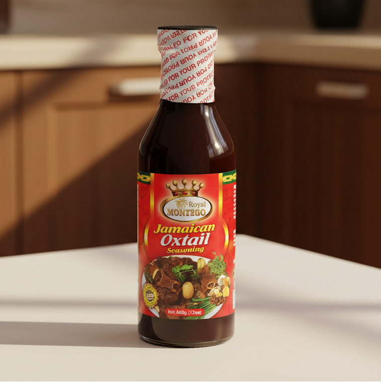 Bottle of Royal Montego Jamaican Oxtail Seasoning on a white background