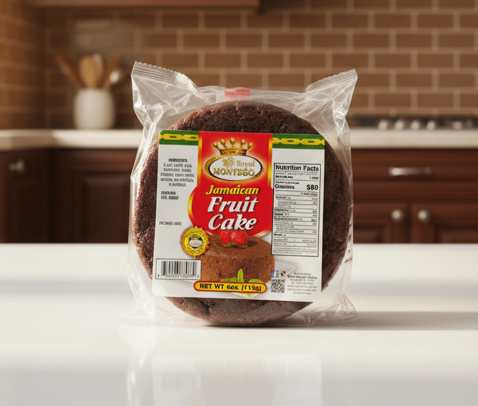 Packaged Jamaican fruit cake with Montego label on a clear background