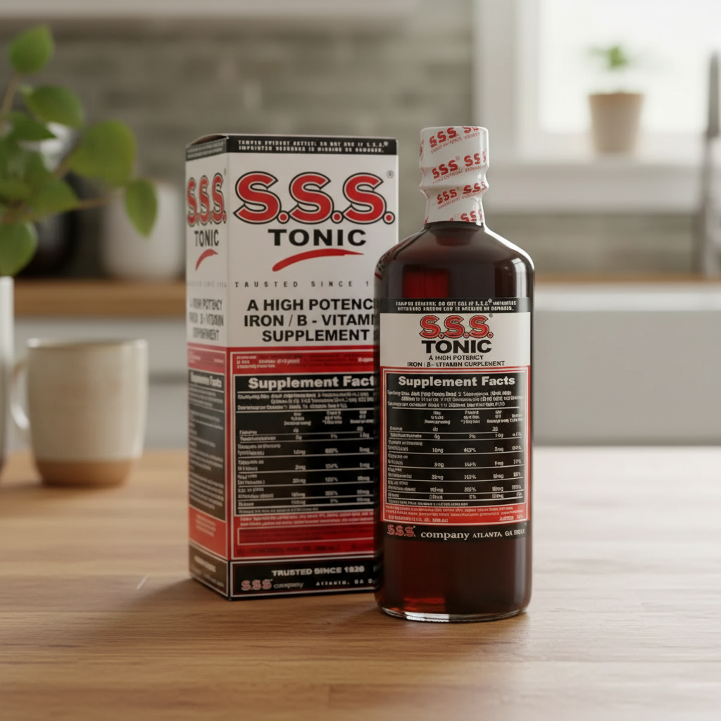 S.S.S. Tonic supplement bottle and packaging with visible branding and label details.
