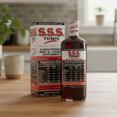 S.S.S. Tonic supplement bottle and packaging with visible branding and label details.