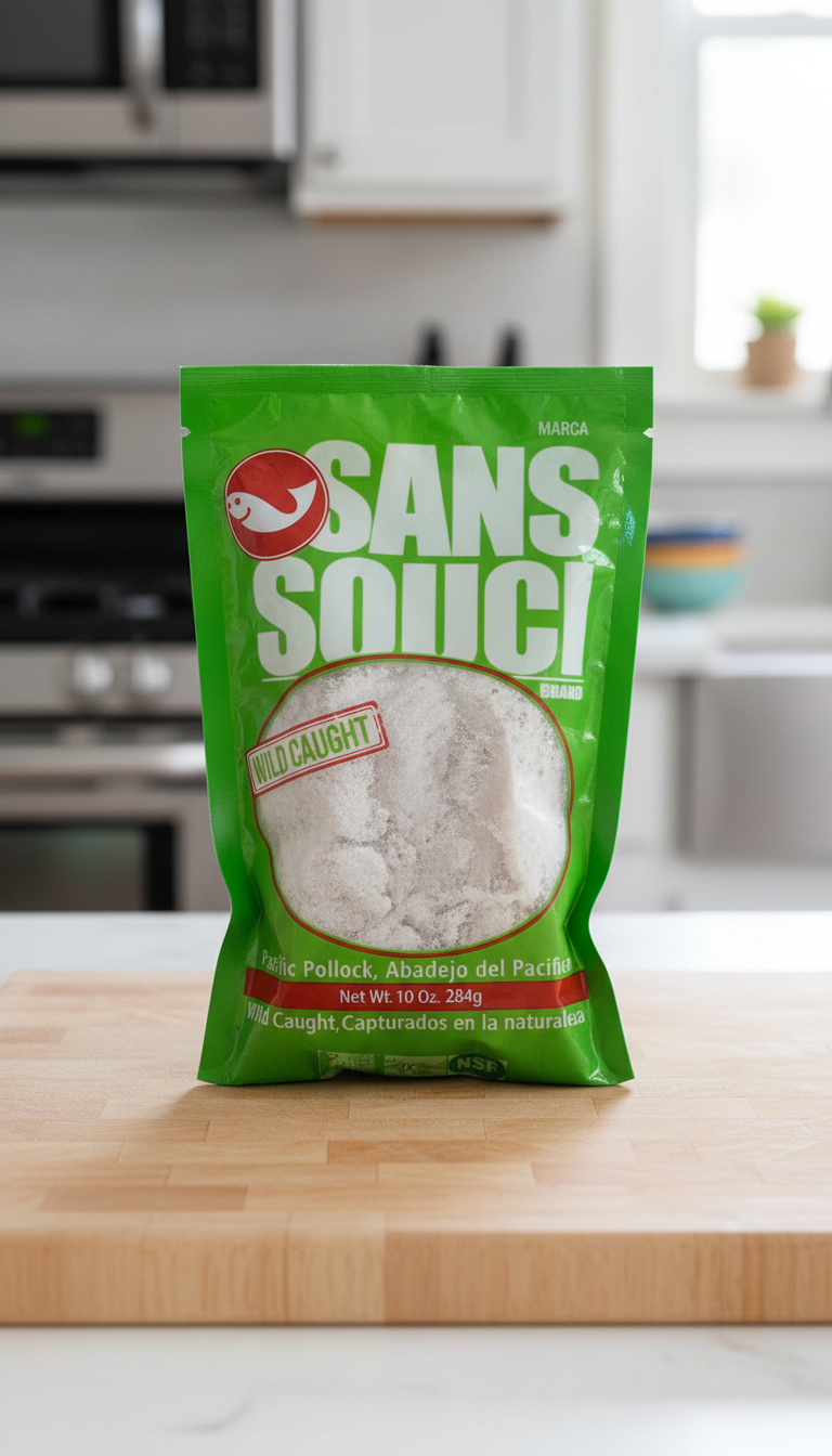 Green packaging of Sans Souci Pacific Pollock with a label indicating 'Wild Caught'.
