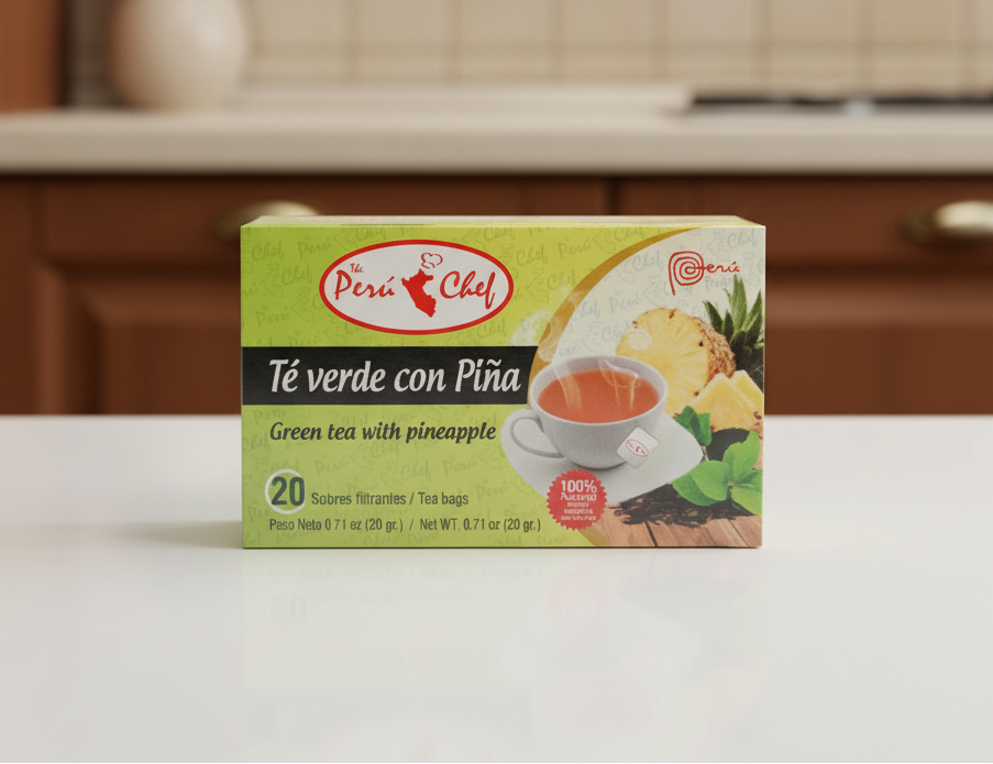 Box of Peré Chef green tea with pineapple on a white background