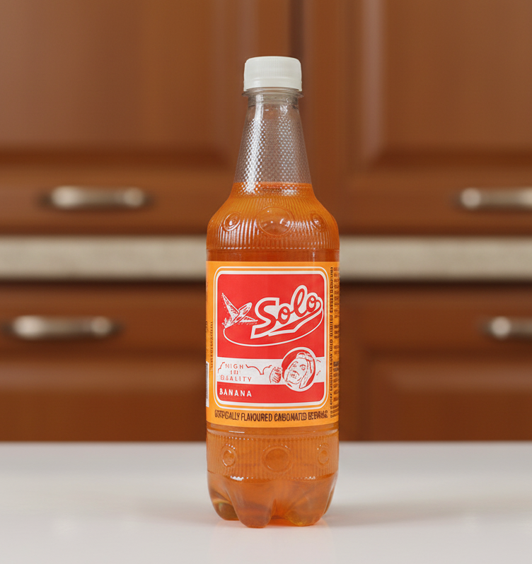 Bottle of Solo Quince with a red label on a white background