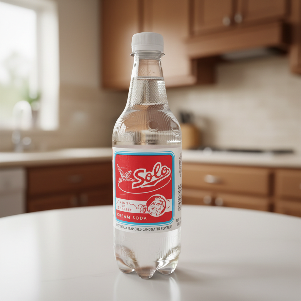 Clear Solo Cream Soda bottle with red label on a white background