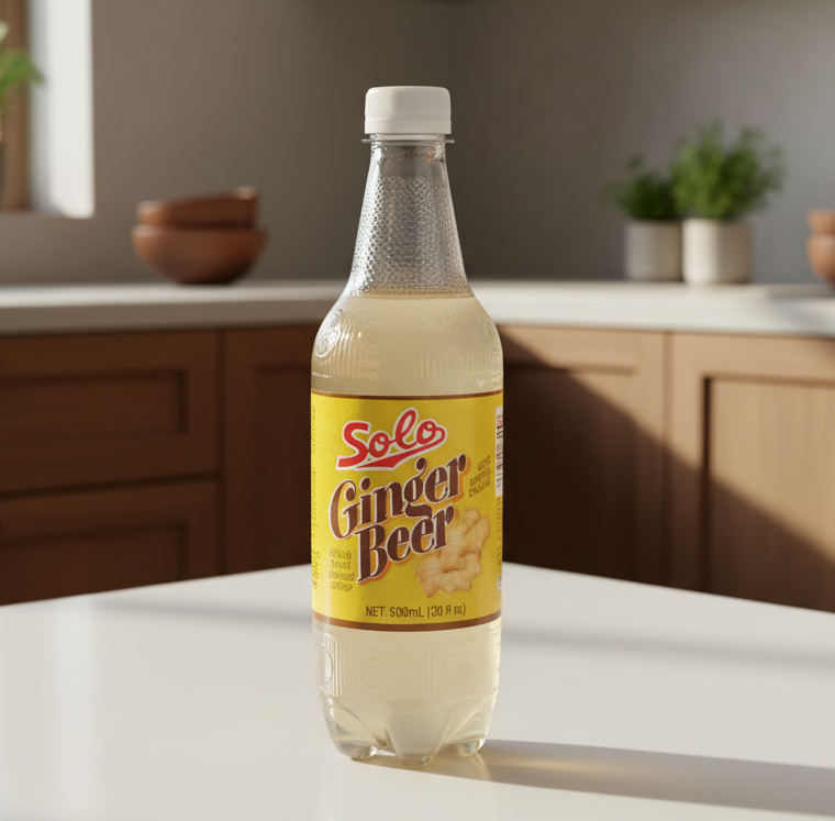 Bottle of Solo Ginger Beer on a white background
