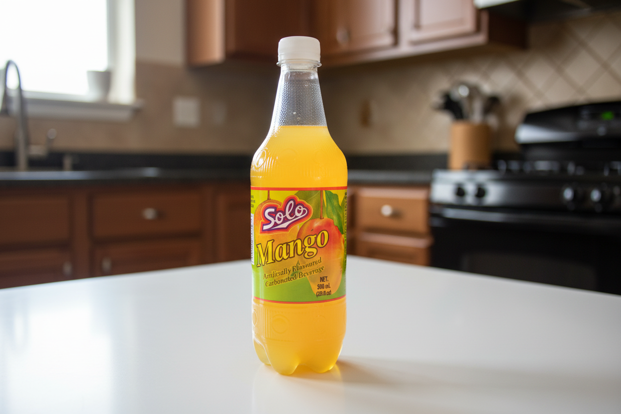 Bottle of Solo Mango soda on a white background
