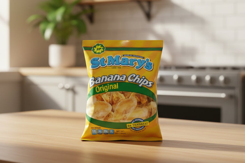 Packaging of St. Mary's Banana Chips with yellow and green design.