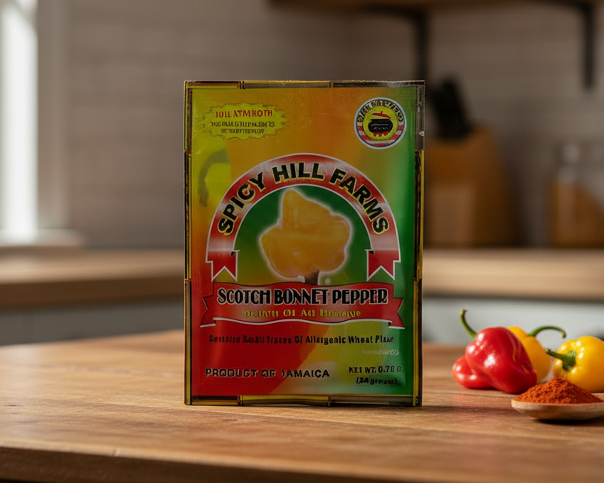 Spicy Hill Farms Scotch Bonnet Pepper packaging with a colorful design.