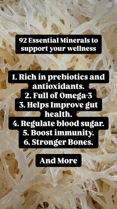 Text overlay on a background of white noodles listing health benefits.