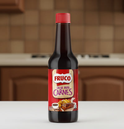 Bottle of Fruco carnes sauce on a white background