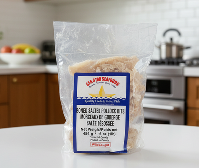 Bag of Sea Star Seafood boned salted pollock bits with visible branding on a white background