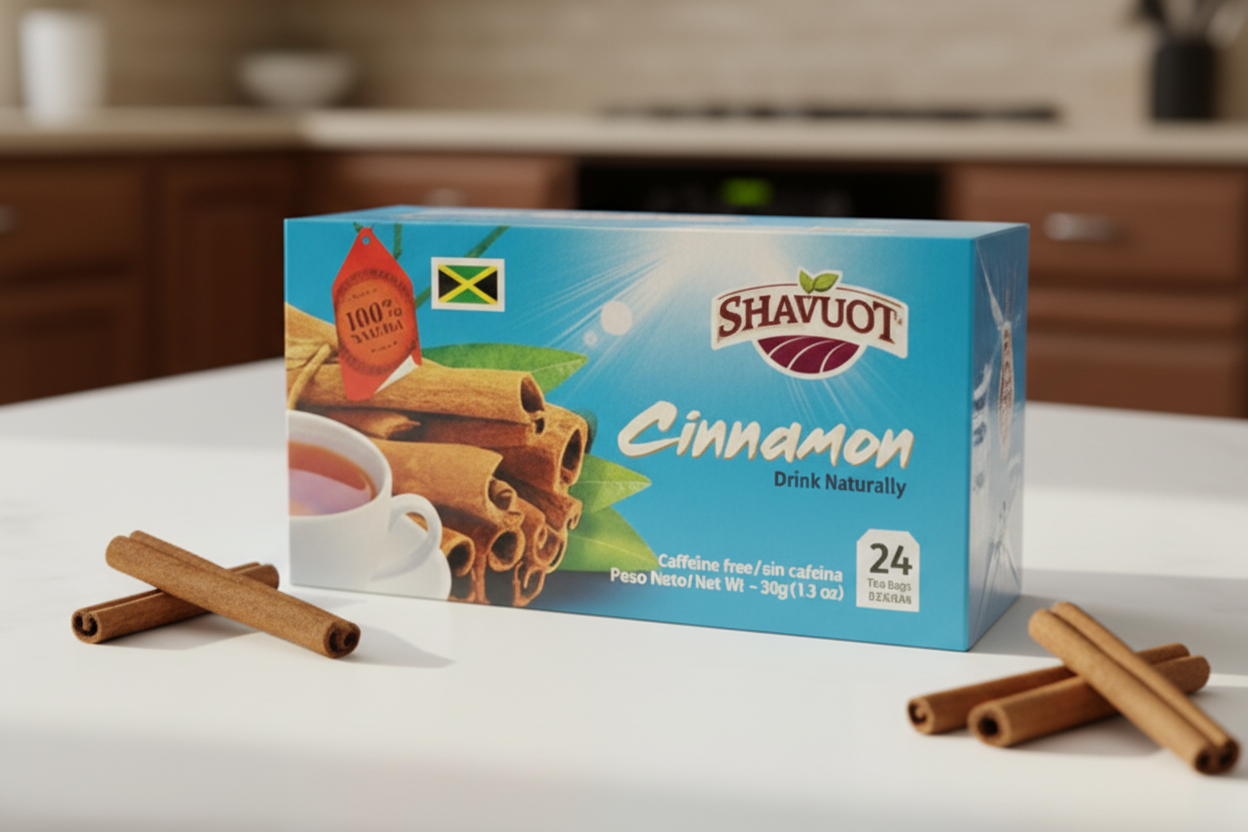 Shavuot Cinnamon tea box with cinnamon sticks and a cup of tea on a blue background