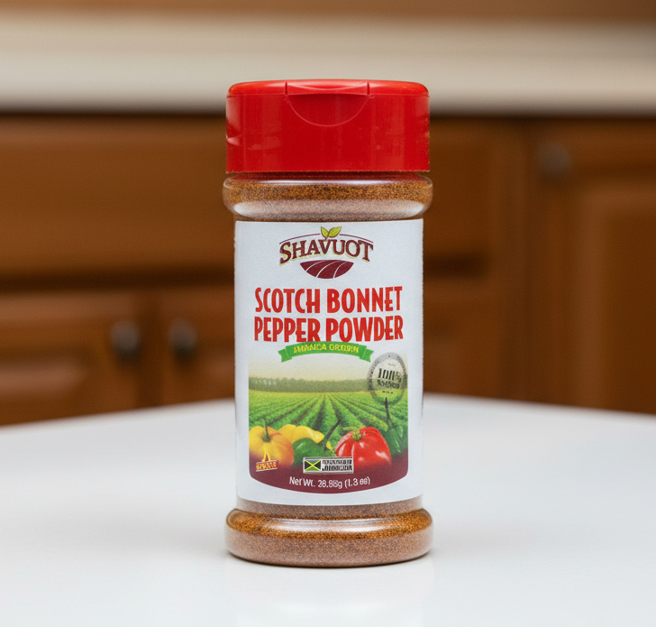 Shavuot Scotch Bonnet Pepper Powder bottle on a white background