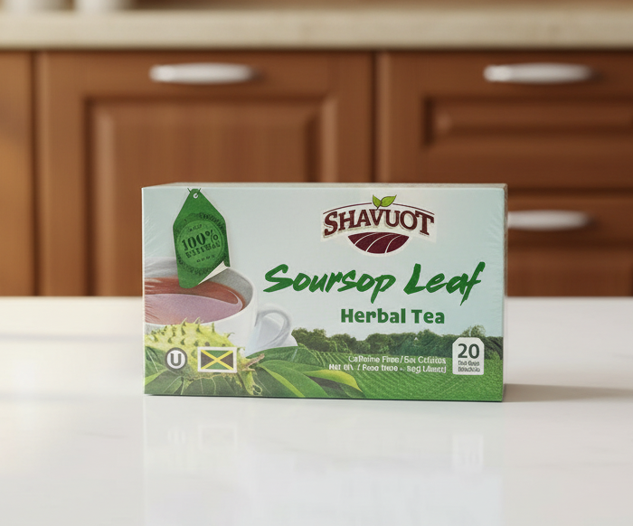 Shavuot Soursop Leaf Herbal Tea packaging with green leaves and tea bag illustration on a white background.