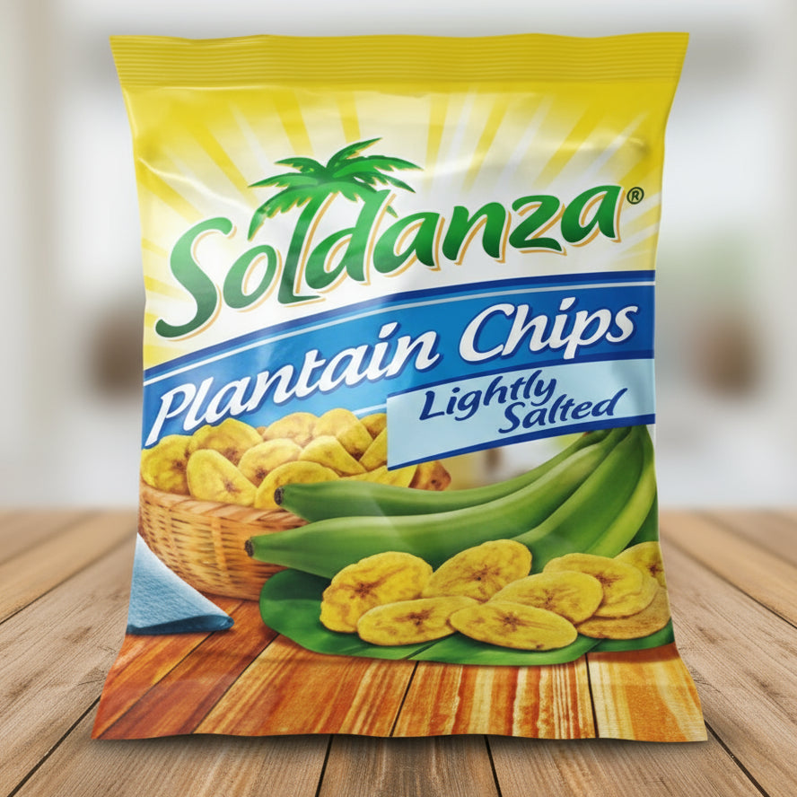 Packaging of Soldanza Plantain Chips with banana illustration on a white background