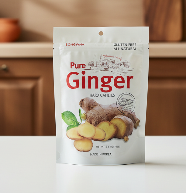 Packaging of Songwha Pure Ginger Hard Candies on a white background