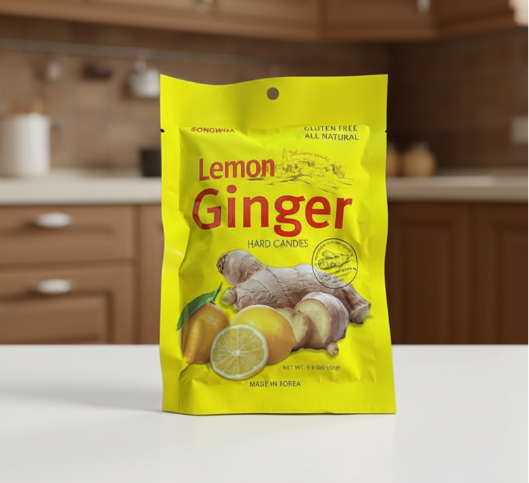 Yellow package of lemon ginger hard candies with ginger and lemon illustrations on a white background.