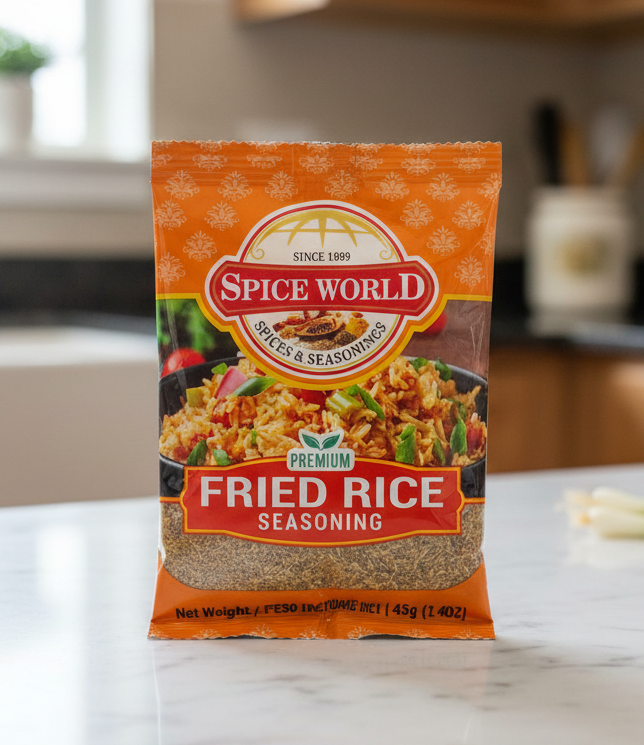 Spice World Fried Rice Seasoning packet on a dark surface