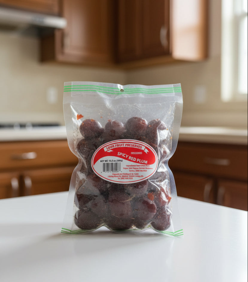 A clear plastic bag of Louis Fruit Preserves Spicy Red Plum, showing the dark red preserved fruit inside with a prominent red and white circular label on the front.