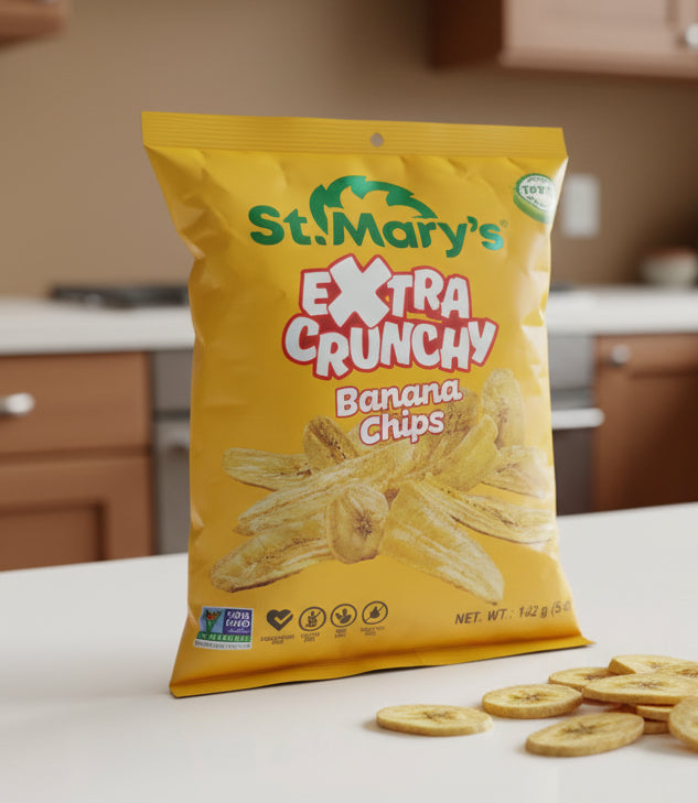 Packaged banana chips with 'St. Mary's' branding on a dark background