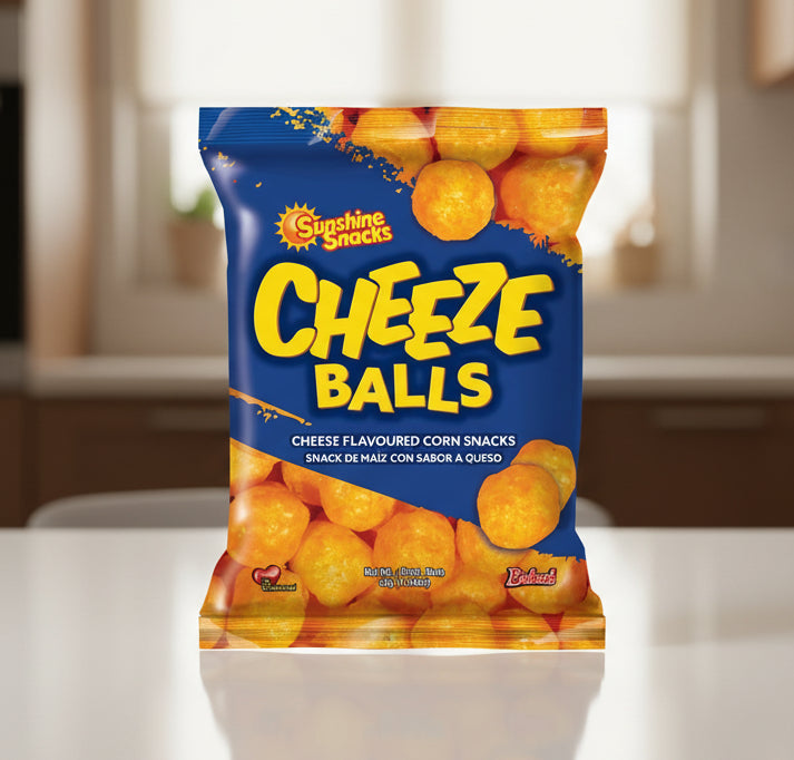 Packaging of Sunshine Snacks Cheeze Balls cheese-flavored corn snacks on a white background