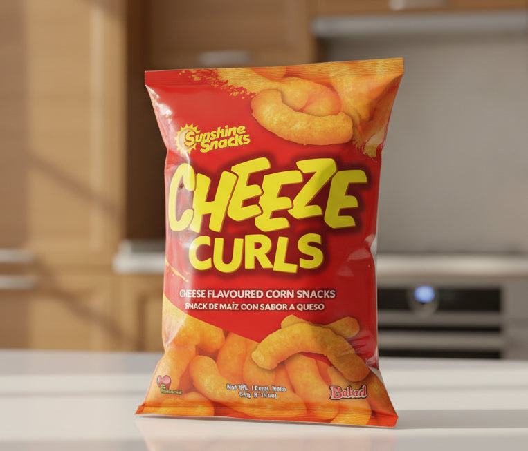 Packaging of Sunshine Snacks Cheeze Curls cheese-flavored corn snacks on a white background