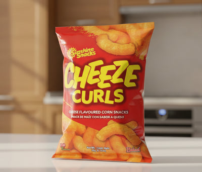 Packaging of Sunshine Snacks Cheeze Curls cheese-flavored corn snacks on a white background