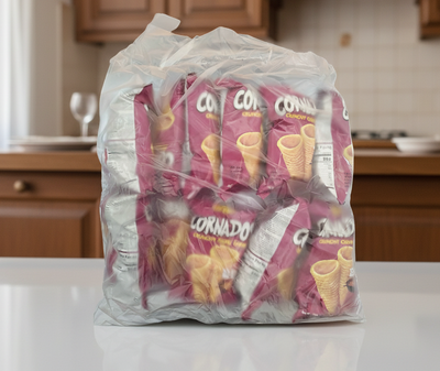 Bag of Lomanto ice cream cones with visible branding on a white background