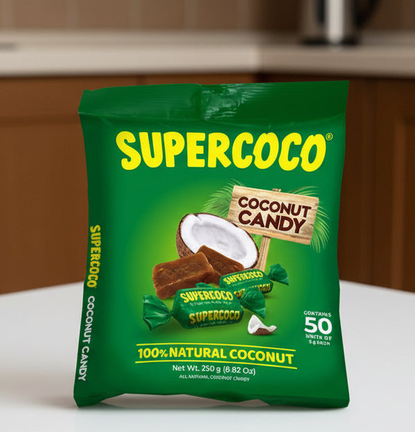 Green packaging of Supercoco coconut candy with coconut illustration