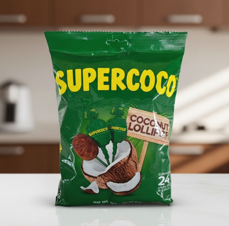 Green packaging of SuperCoco coconut lollipops with a clear window