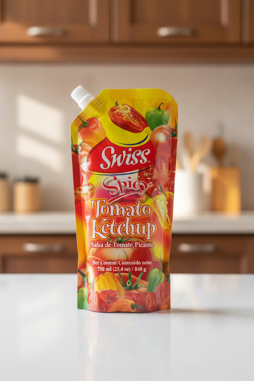 Swiss Spicy tomato ketchup packaging with colorful design