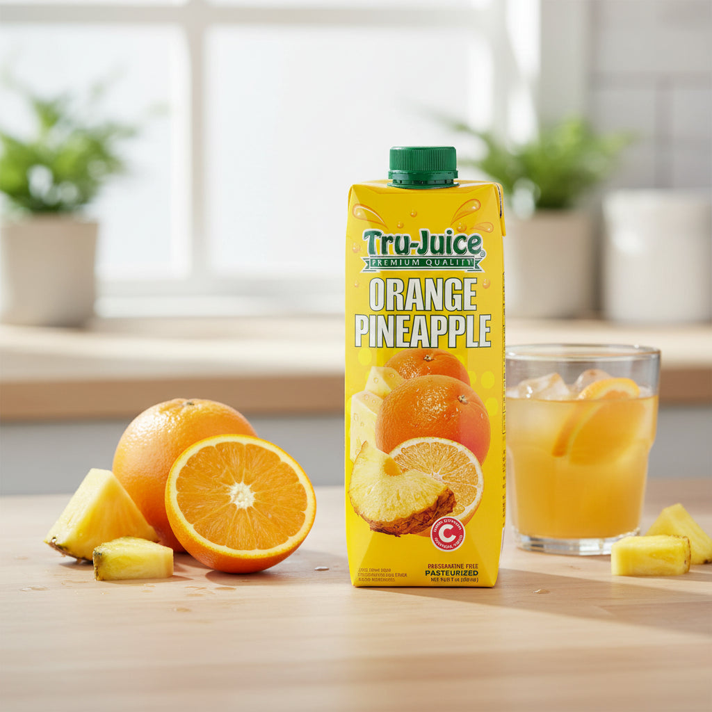 Tru Juice Orange Pineapple juice box on a white background