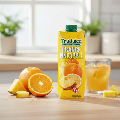 Tru Juice Orange Pineapple juice box on a white background