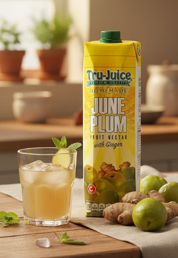 Carton of Tru-Juice Homemade June Plum Fruit Nectar with Ginger on a white background
