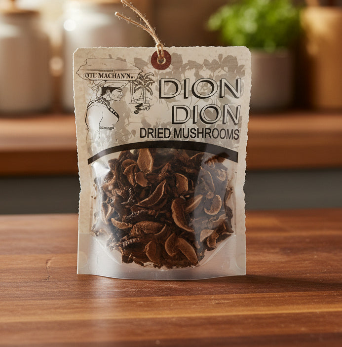Packaged dried mushrooms with visible brand name on a green background