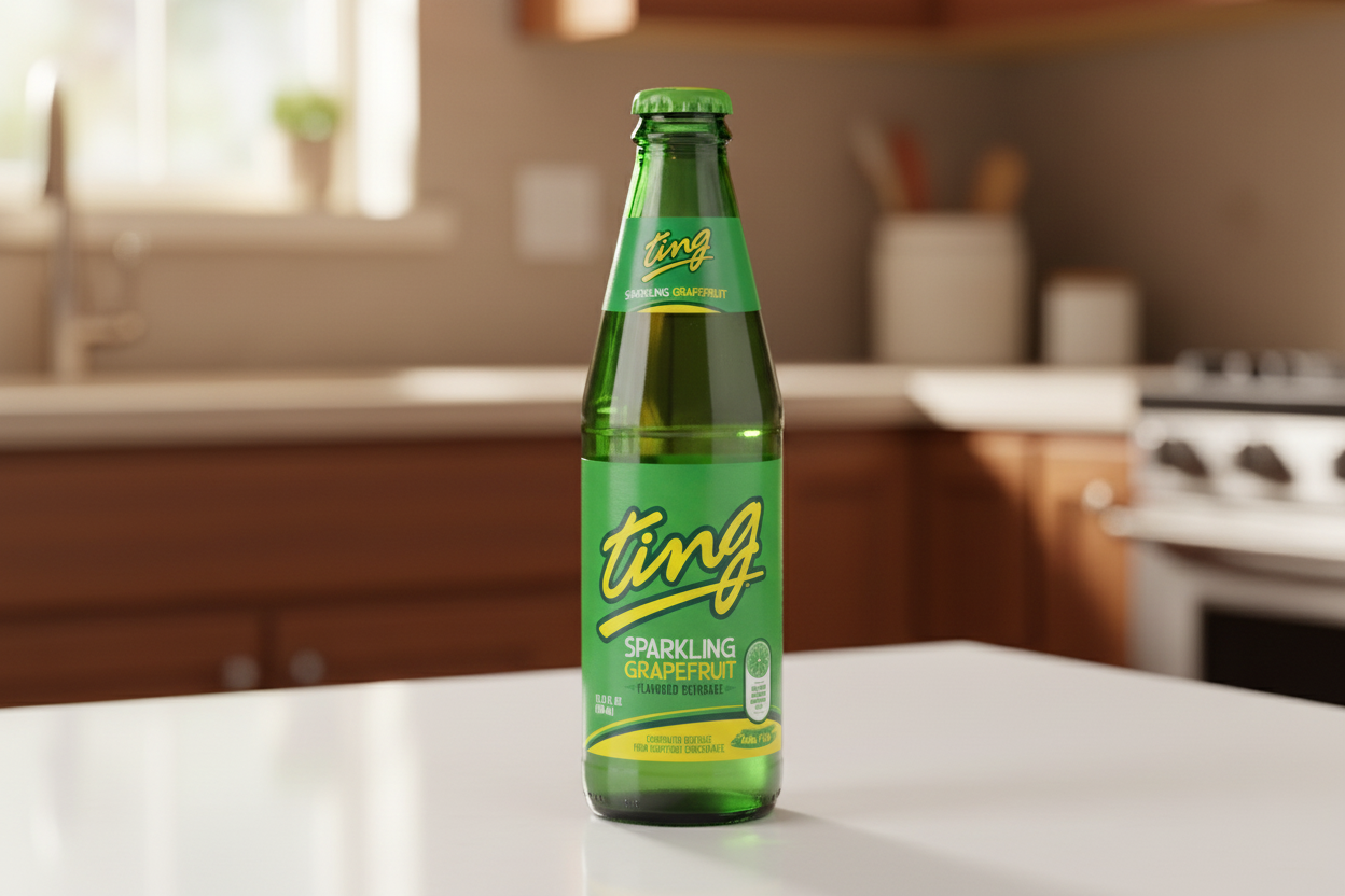 Green bottle of Ting sparkling grapefruit drink on a white background