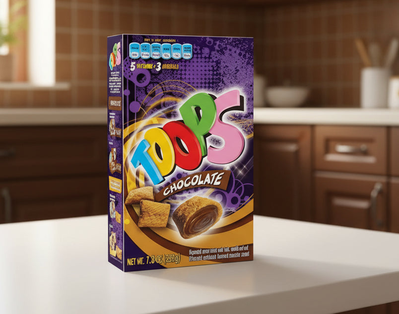 Box of Topsy Turvy chocolate cookies with colorful packaging