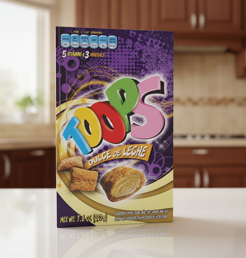 Box of Toops Dulce de Leche candy with colorful branding on a white background