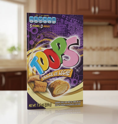 Box of Toops Dulce de Leche candy with colorful branding on a white background